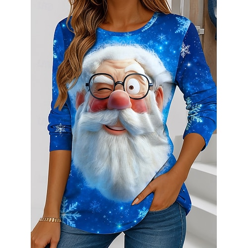  Noël Femme T-shirt Claus Décontracté Manches Longues Col Rond Regular Tops Weekend Impression Noir Blanc Rouge Bleu Orange Hiver