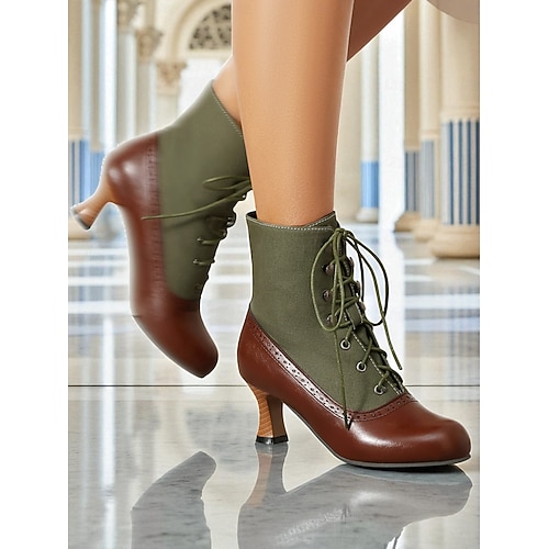  Botas femininas estilo vitoriano vintage, estilo anos 1920, com cadarço – botas de salto bicolores, marrom e verde-oliva, com detalhes em brogue para cosplay, steampunk e looks de outono