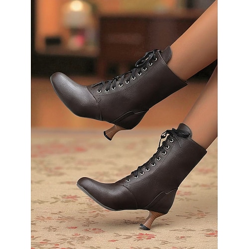  Women's 1950s Brogue Lace-Up Ankle Boots – Vintage Burgundy Leather Low Heel Retro Booties for Elegant Daily, Cosplay and Formal Party Wear
