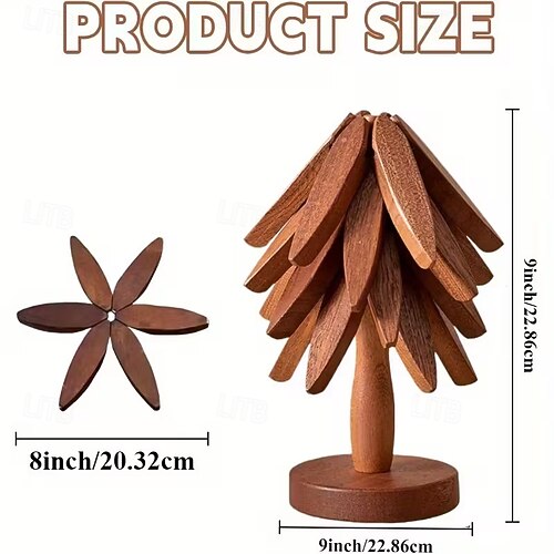 Set Sottopentola Natale A Forma Di Albero In Legno Naturale – 3+1 Con Supporto, Termoresistente