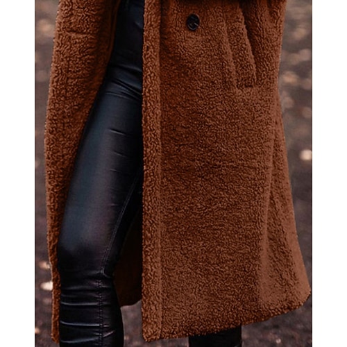  Dames Winterjas Fleecejack Houd Warm Comfortabel Zak Knop Modieus Casual Effen Vakantie Straat Casual Alledaagse kleding Enkele rij knopen Lang Capuchon Normale pasvorm Lange mouw bovenkleding Bruin