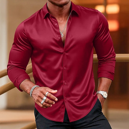 Red Silk Silk Satin Shirt Mens Silk Dress Shirts Mens Red Satin Silk Shirt  Smart Casual