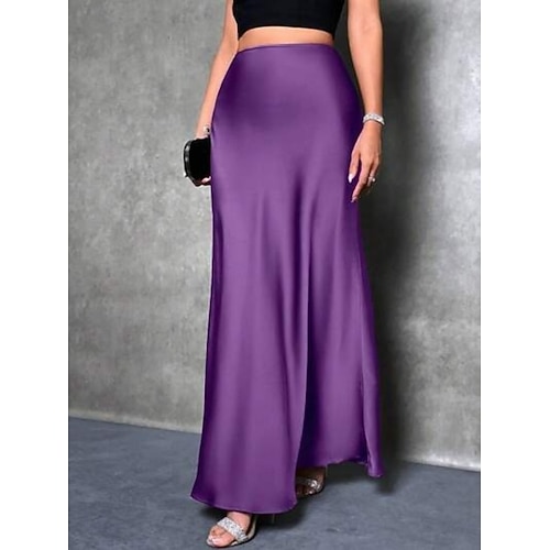  Femmes Jupe Moulant Élégant Mode Maxi Taille haute Jupes Uni Micro-Élastique Soirée Rue Vin Bleu Vert foncé Violet Printemps Satin Polyester