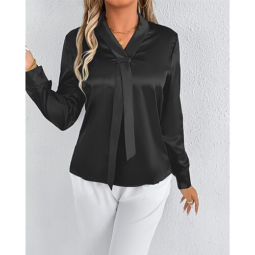  Per donna Camicia Camicia in raso Tinta unica Elegante Casual Manica Lunga Scollo a V Top Regolari Quotidiano Uscire Nodo frontale Nero Bianco Primavera Autunno