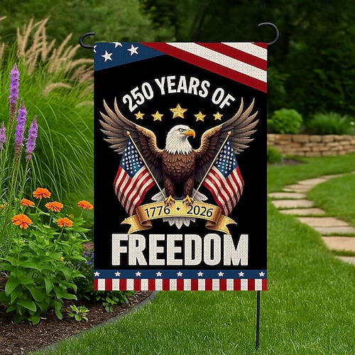 Zahradní vlajka k 250. výročí USA z let 1776-2026, vlastenecký americký narozeninový venkovní banner na zahradu, trávník, verandu nebo dekoraci ke Dni nezávislosti.