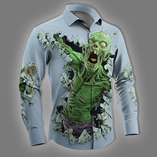  Halloween Miesten Zombeja Luuranko Kauhu Paita Button Up paita Pitkähihainen Tumma goottilainen tyyli Pyhäpäivä Katuvaatteet Kevät Syksy Sänkyjen avaus 3D-tulostus kauluspaidat Sininen Purppura Apila