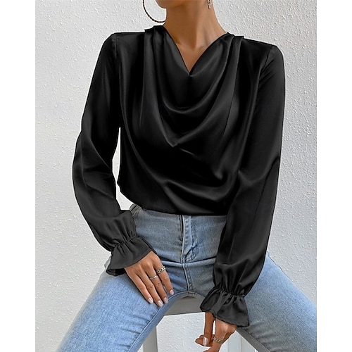  Per donna Camicia Camicia in raso Semplice Elegante Casual Manica Lunga Scollo a Cascata Top Regolari Quotidiano Uscire Drappeggiato Nero Rosa Verde Albicocca Primavera Autunno