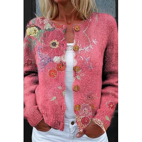  Dames Vest Dagelijks Bloemig Geribd Strakke ronde hals Knop Afdrukken Lange mouw Normale tops breien Buiten Weekend Zwart Geel Lente Herfst