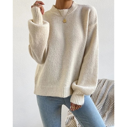  Femmes Pull Mode Occasionnel Couleur Unie Côtelé Col montant Tricoté manche longue Hauts Réguliers Tricoter Extérieur Quotidien Week-end Abricot Automne Hiver