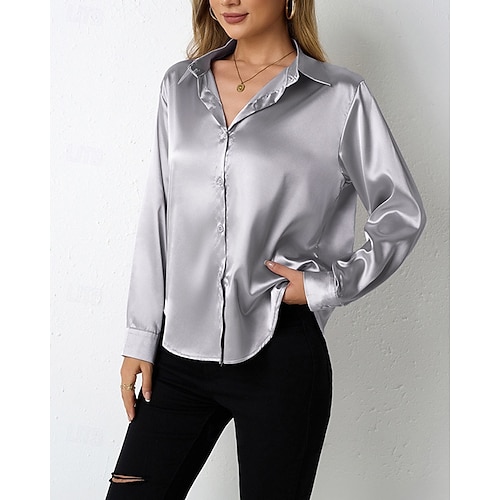  Per donna Camicia Camicia in raso Tinta unica Vintage Tropicale Elegante Manica Lunga Scollo a V Colletto a Camicia Top Regolari Quotidiano Uscire Bottoni Nero Cammello Marrone Grigio scuro Grigio