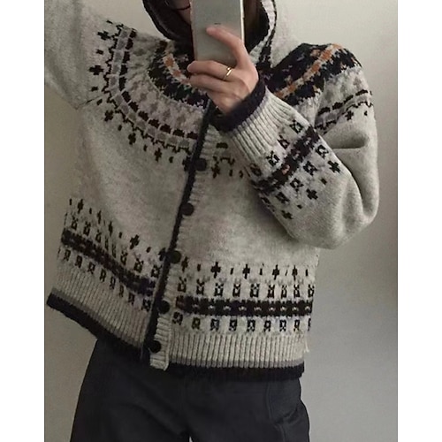  Dame Genser Kofte Fair Isle genser Årgang Mote Fritid Geometrisk Riflet Med hette Knapper Strikket Trykt mønster Langermet Vanlige topper Strikke Jul utendørs Daglig Grå Høst Vinter