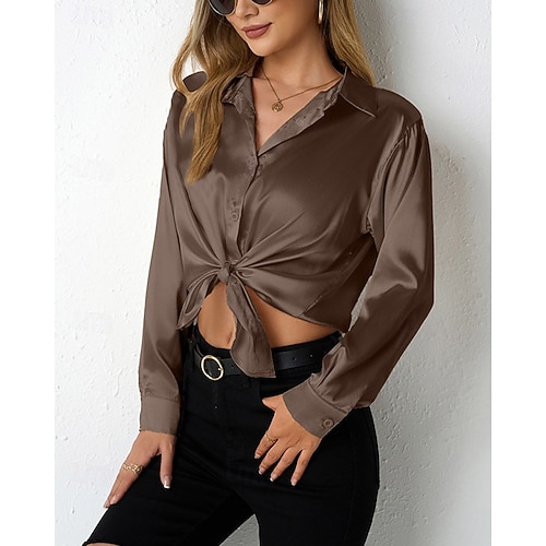  Per donna Camicia Camicia in raso Tinta unica Vintage Tropicale Elegante Manica Lunga Scollo a V Colletto a Camicia Top Regolari Quotidiano Uscire Bottoni Nero Cammello Marrone Grigio scuro Grigio