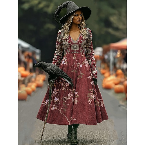  Halloween Women's Witch Print Maxi Dress A Line Dress Vacation Casual Boho Beach Regular Fit Floral Graphic Long Sleeve V Neck Deep Purple Black Pink Wine Spring Fall