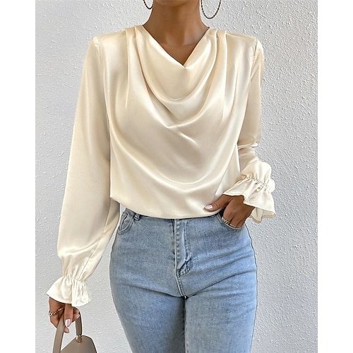 Per donna Camicia Camicia in raso Semplice Elegante Casual Manica Lunga Scollo a Cascata Top Regolari Quotidiano Uscire Drappeggiato Nero Rosa Verde Albicocca Primavera Autunno