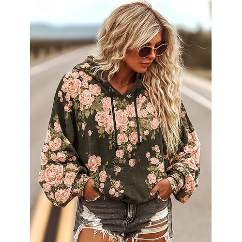  Dámská 3D potisk vintage boho mikina patchwork s kapucí květinový vikingský pulovr mikina květinová grafika vintage casual dlouhý rukáv s kapucí městská potisk přední kapsa zelená jaro podzim zima