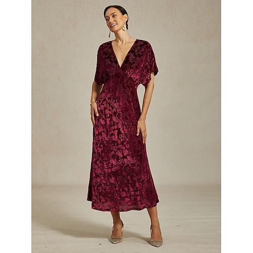  Dames Fluwelen Midi Jurk Sheath Jurk Elegante Party Party Bruidsgast Cocktail Party Regular Fit Effen Kleur Bloemmotief Mouwloos V-Hals Rood Zomer Lente Herfst Winter