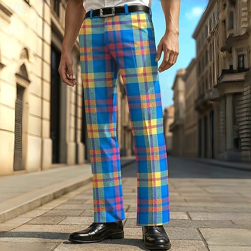 Men's Geometric Grid / Plaid Dress Pants Trousers Casual Pants Mid Waist  Casual Formal Vacation Daily Summer Spring Fall 3D Print Blue Dark Green  Green 2026 - AU $46.49