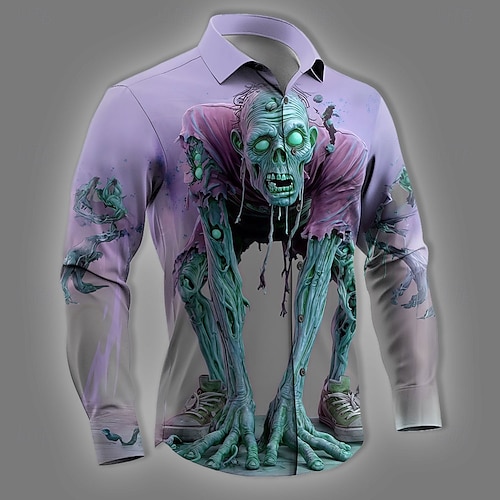 Halloween Men's Optical Illusion Zombies Horror Shirt Button Up Shirt Long Sleeve Dark Gothic Style Holiday Streetwear Spring Fall Turndown 3D Print Collared Shirts Pink Blue Purple Green