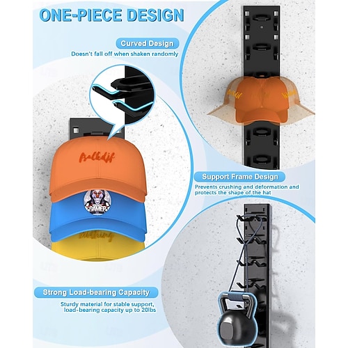  2 Pack Hat Organizer for Baseball Caps, Strong Adhesive Hat Rack for Wall, Multilayer Hat Storage Display Holder, Wall Mounted Hat Hooks Hold up to 18 Hats for Closet Door and Bedroom