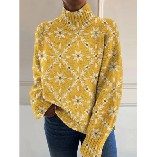  Dame Genser Elegant Mote Gatemote Blomstret Rullekrage Blomster Strikket Langermet Vanlige topper Strikke Arbeid Ut på byen Svart Gul Høst Vinter