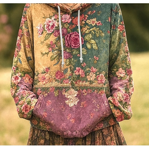  Dames Trui met capuchon Sweatshirt Bloemig Grafisch Casual Boho Lange mouw Capuchon Normale tops Straat Dagelijks gebruik Lapwerk Afdrukken Voorvak Lichtgroen Donker Roze Marineblauw Lente Herfst