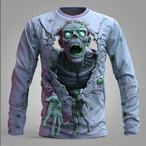  Halloween Herren Zombies 3D T Shirt Langarm T-Shirt 3D-Druck Rundhalsausschnitt Hemd Mode Übertrieben Straße Lässig Täglich Blau Purpur Grün Sommer Frühling Herbst Bekleidung S M L XL XXL XXXL
