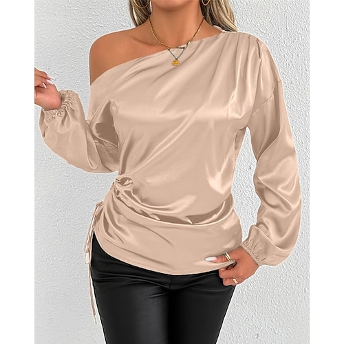  Dames Overhemd Satijnen overhemd Effen Kleur Stijlvol Casual Lange mouw Schouderafhangend koude schouder Normale tops Dagelijks Uitgaan Asymmetrisch Blozend Roze Abrikoos Lente Herfst
