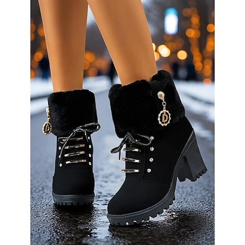  Botas femininas pretas de pele sintética com cadarço e salto grosso – botas de neve quentes para mercados de Natal, streetwear casual e moderno