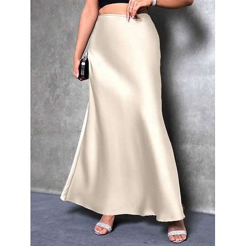  Femmes Jupe Moulant Élégant Mode Maxi Taille haute Jupes Uni Micro-Élastique Soirée Rue Noir Fuchsia Vert Kaki Printemps Satin Polyester