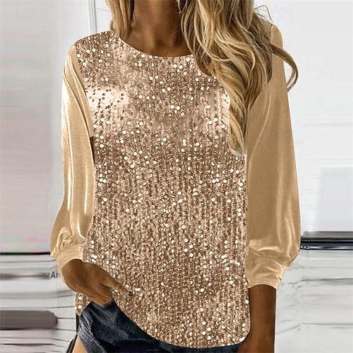  Femmes T-shirt Couleur Unie Mode Élégant Classique manche longue Col rond Hauts Réguliers Quotidien Week-end Paillettes Patchwork Dorée Printemps Automne