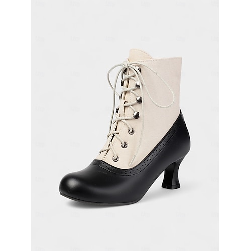  Botas femininas estilo vitoriano vintage, estilo anos 1920, com cadarço – botas de salto bicolores, marrom e verde-oliva, com detalhes em brogue para cosplay, steampunk e looks de outono
