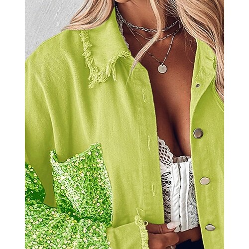  Women's Casual Jacket Comfortable Breathable Pocket Buttons Casual Color Block Vacation Street Casual Daily Wear Single Breasted Regular Turndown Regular Fit Long Sleeve Outerwear Green Spring Fall