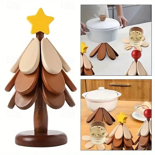  Dessous de verre en bois résistant à la chaleur pour sapin de Noël, sets de table créatifs en forme d'arbre pour la cuisine et la salle à manger, adaptés aux bols, théières, plateaux à boissons,