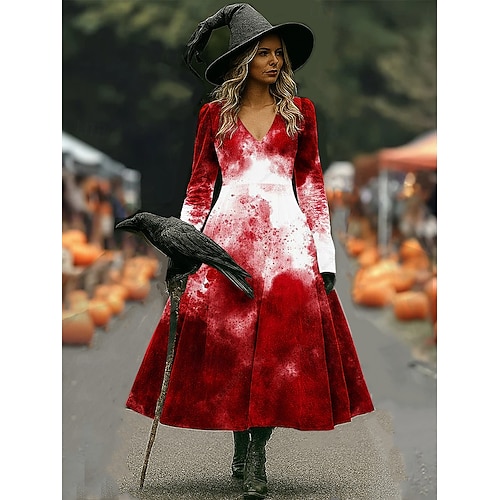  Halloween Dámské Midi šaty Áčkové šaty prázdniny Na běžné nošení Cikánský Plážové Běžný Grafika Abstraktní Dlouhý rukáv Do V Bílá Tmavě červená Fialová Hnědá Jaro Podzim Zima