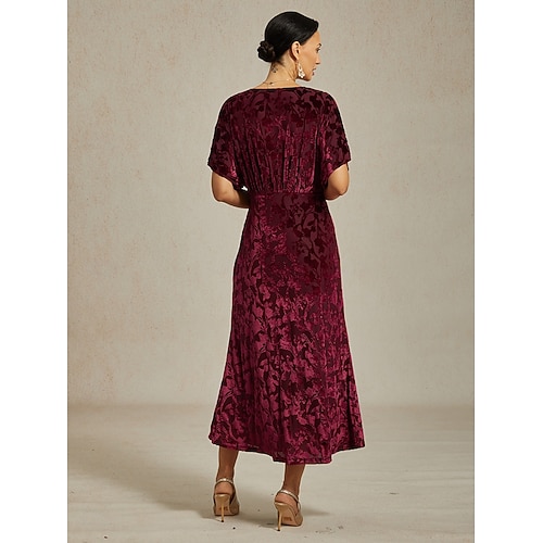  Dames Fluwelen Midi Jurk Sheath Jurk Elegante Party Party Bruidsgast Cocktail Party Regular Fit Effen Kleur Bloemmotief Mouwloos V-Hals Rood Zomer Lente Herfst Winter