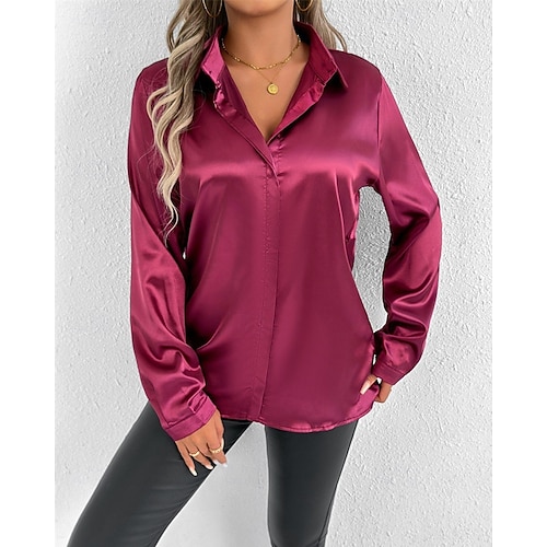  Per donna Camicia Camicia in raso Tinta unica Elegante Essenziale Casual Manica Lunga Colletto a Camicia Top Regolari Quotidiano Uscire Bottoni Rosso Blu marino Blu Reale Primavera Autunno