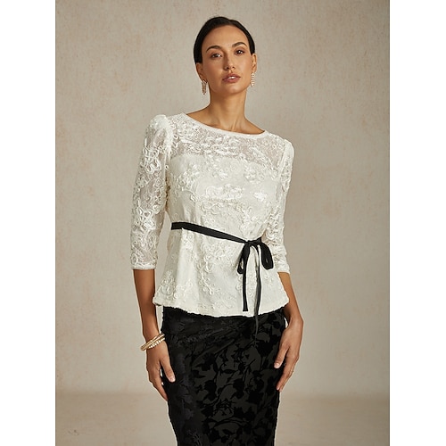  Femmes Hauts en dentelle Fleuri Graphique Élégant Col Bateau Hauts Réguliers Blanche Été Printemps Automne