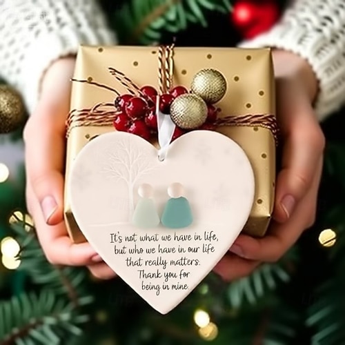  Christmas Ornament Heart-Shaped Sea Glass Ceramic Friendship Decor with Gift Box, Handmade Ocean-Inspired Hanging Keepsake for Best Friends, Holiday Tree Decoration Gift