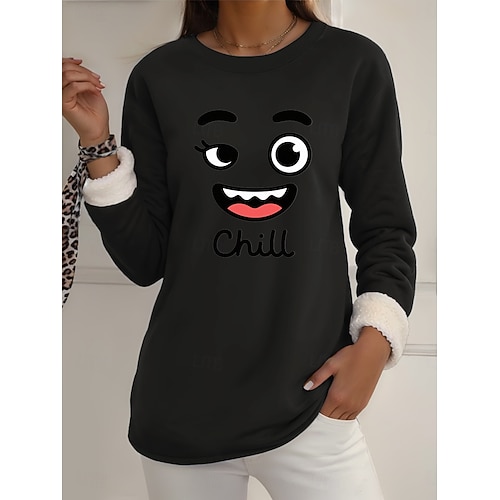  felpa da donna con stampa grafica, calda, casual, pelosa, manica lunga, girocollo, normale, casual da strada, giallo, rosa, rosa scuro, blu, grigio, primavera, autunno, inverno