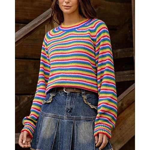  Femmes Pull Pull Fair Isle Mode Occasionnel Rayé Côtelé Col ras du cou Tricoté manche longue Hauts Réguliers Tricoter Extérieur Quotidien Week-end Bleu Automne Hiver