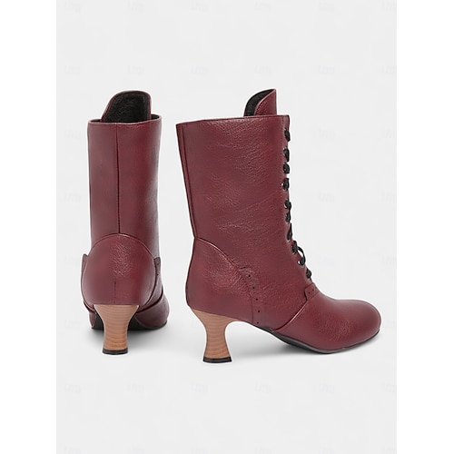 Women's 1950s Brogue Lace-Up Ankle Boots – Vintage Burgundy Leather Low Heel Retro Booties for Elegant Daily, Cosplay and Formal Party Wear