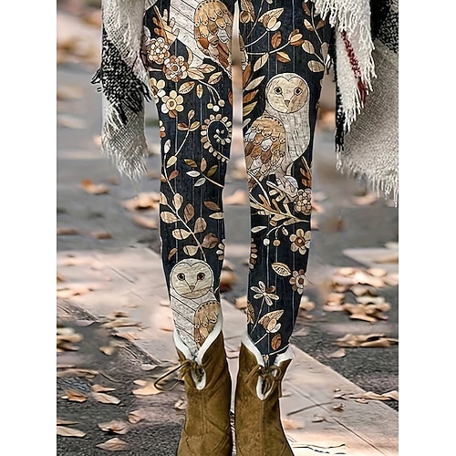  Damskie Getry Urlop Zabytkowe Moda Pełna długość Wysoka talia Kwiaty Graficzny Sowa Drukowanie Keep Warm Miękka Oddychający Wysoka elastyczność Urlop Ulica Codzienny Czarny Wiosna Jesień Zima