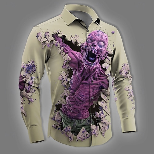  Halloween Miesten Zombeja Luuranko Kauhu Paita Button Up paita Pitkähihainen Tumma goottilainen tyyli Pyhäpäivä Katuvaatteet Kevät Syksy Sänkyjen avaus 3D-tulostus kauluspaidat Sininen Purppura Apila