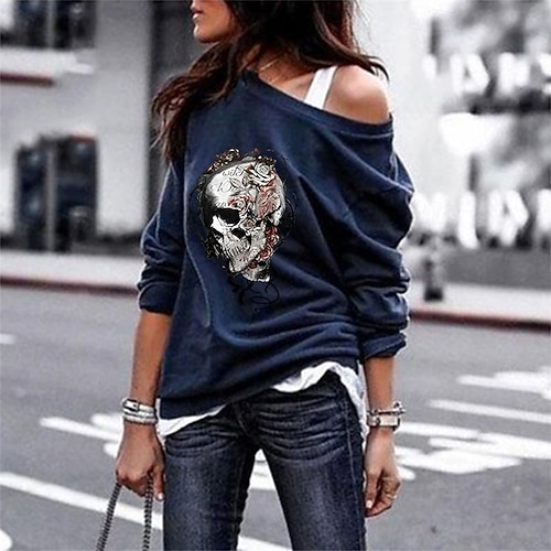  Per donna Felpa Pullover Grafico Teschio Halloween Attivo Moda Streetwear Manica Lunga Girocollo Top Regolari Streetwear Abbigliamento Quotidiano Casuale Stampato Nero Rosso Blu Verde Grigio Autunno
