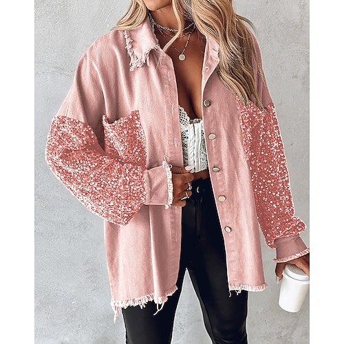  Women's Casual Jacket Comfortable Breathable Pocket Buttons Casual Color Block Vacation Street Casual Daily Wear Single Breasted Short Turndown Loose Fit Long Sleeve Outerwear Pink Spring Fall