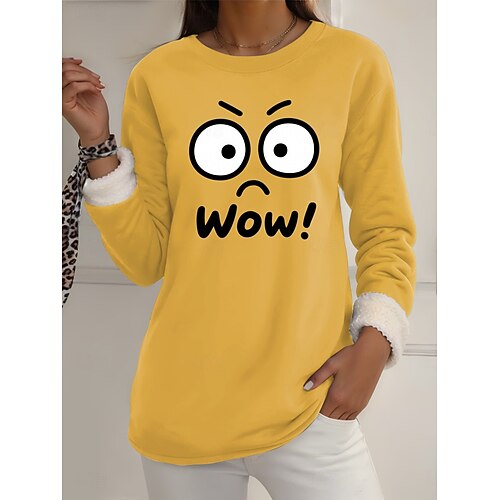  Pull-over pour femme, sweat-shirt graphique, chaud, décontracté, duveteux, manches longues, col rond, régulier, streetwear, décontracté, jaune, rose, rose foncé, bleu, gris, printemps, automne, hiver