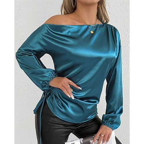  Dames Overhemd Satijnen overhemd Effen Kleur Elegant Stijlvol Basic Lange mouw Schouderafhangend koude schouder Normale tops Dagelijks Uitgaan Asymmetrisch blauw Lente Herfst