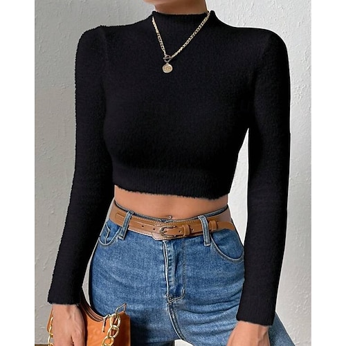  Femmes Pull Mode Occasionnel Couleur Unie Côtelé Col montant Tricoté manche longue Hauts Réguliers Tricoter Extérieur Quotidien Week-end Noir Blanche Automne Hiver