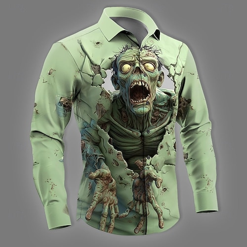  Halloween Herren Zombies Skelett Horror Hemd Knopfhemd Langarm Dunkler Gothic-Stil Ferien Streetwear Frühling Herbst Umlegekragen 3D-Druck Hemden mit Kragen Blau Grün Khaki