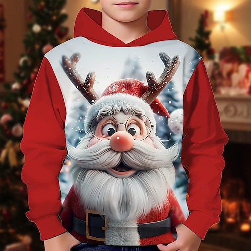  Natale Ragazzi 3D Grafico Babbo Natale Felpa con Cappuccio Manica Lunga Primavera Autunno Moda Streetwear Bambini 4-12 Anni Con cappuccio All'aperto Casuale Quotidiano Vestibilità regolare